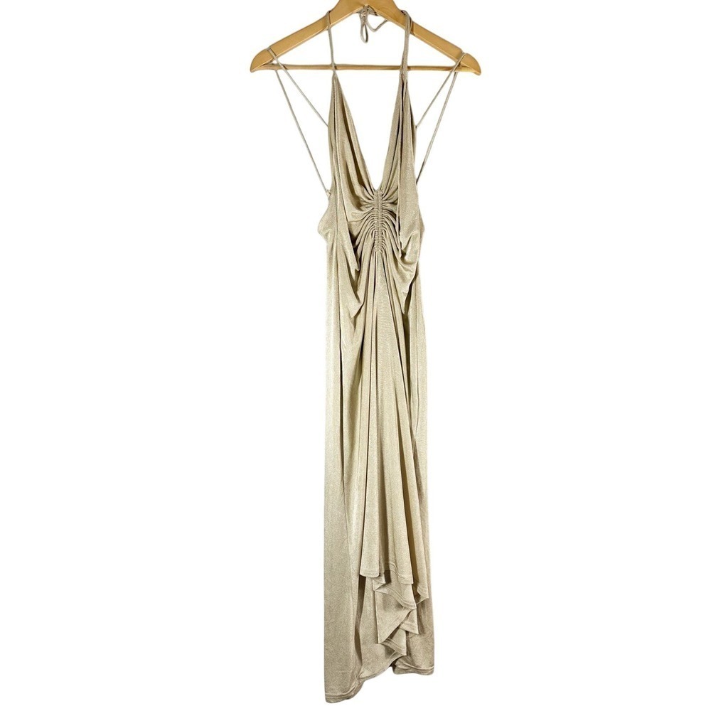 Beige Ruched V-Neck Midi Dress - Picture 2 of 11